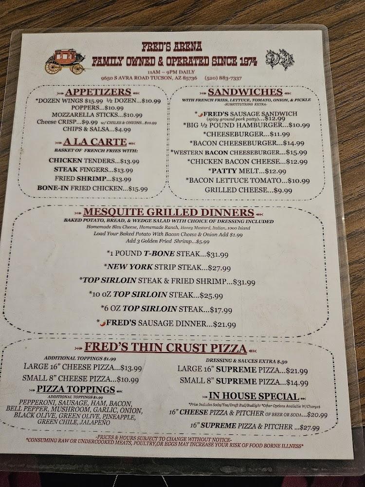 Fred's Arena Bar & Steakhouse Menu image 1