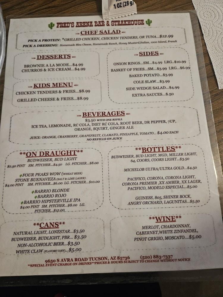 Fred's Arena Bar & Steakhouse Menu image 3